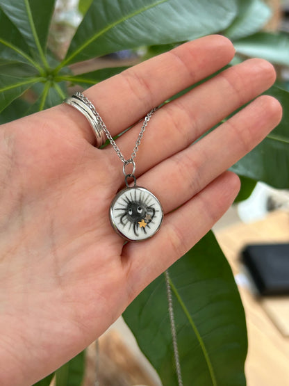 Hand-Sculpted Porcelain Soot Sprite Pendant: Platinum Lustre Ceramic Necklace Charm
