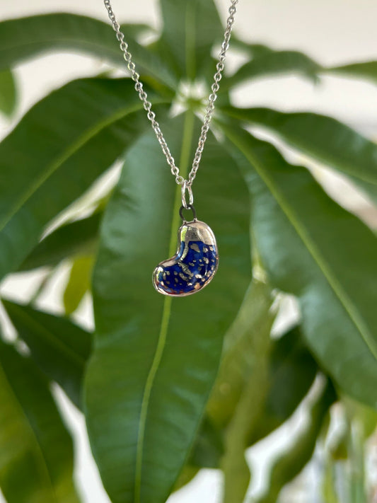 Hand-Sculpted Porcelain Blue Bean Pendant: Platinum Lustre Ceramic Necklace Charm
