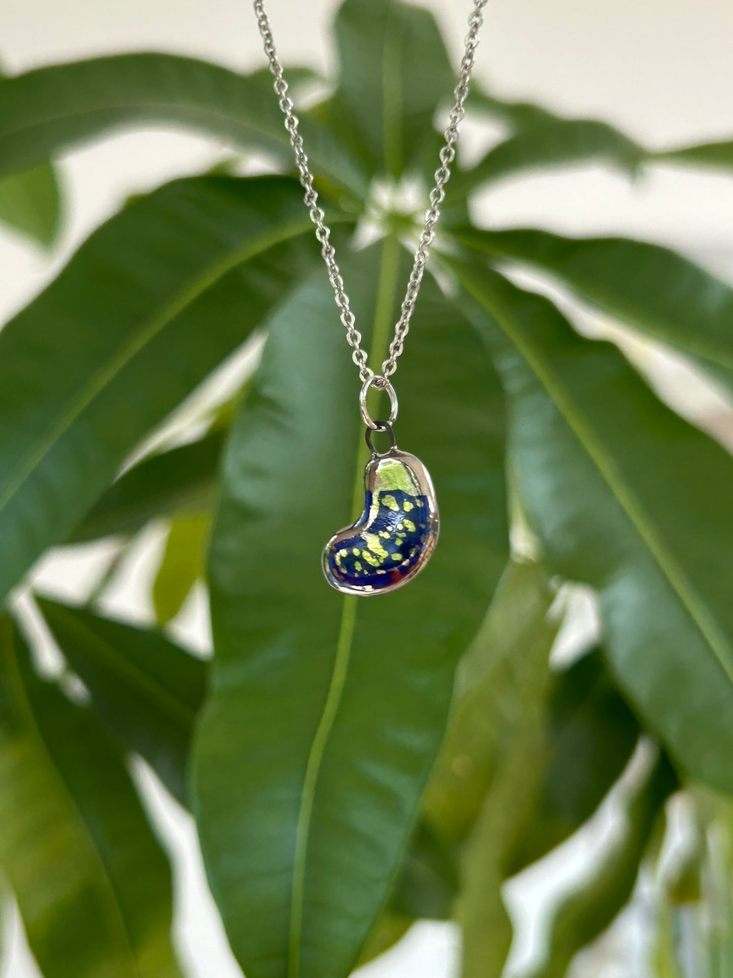 Hand-Sculpted Porcelain Blue Bean Pendant: Platinum Lustre Ceramic Necklace Charm
