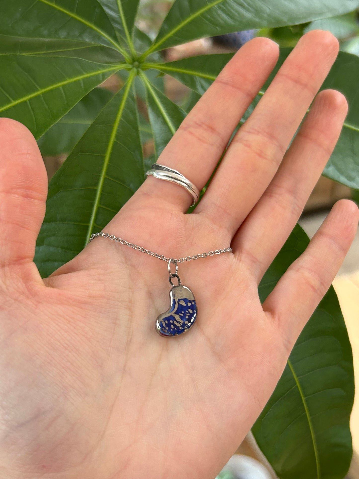 Hand-Sculpted Porcelain Blue Bean Pendant: Platinum Lustre Ceramic Necklace Charm