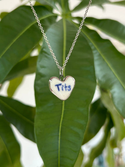Hand-Sculpted Porcelain Tits Pendant: Platinum Lustre Ceramic Necklace Charm