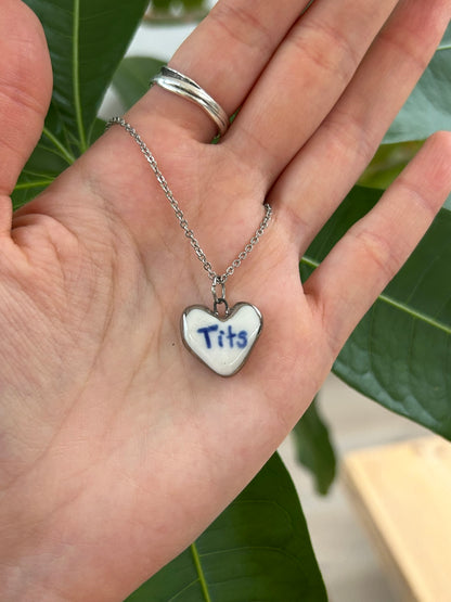 Hand-Sculpted Porcelain Tits Pendant: Platinum Lustre Ceramic Necklace Charm