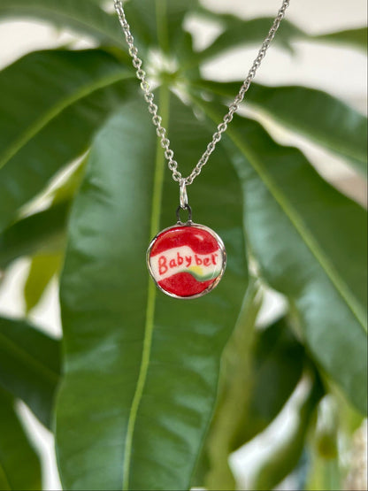 Hand-Sculpted Porcelain Babybel Pendant: Platinum Lustre Ceramic Necklace Charm