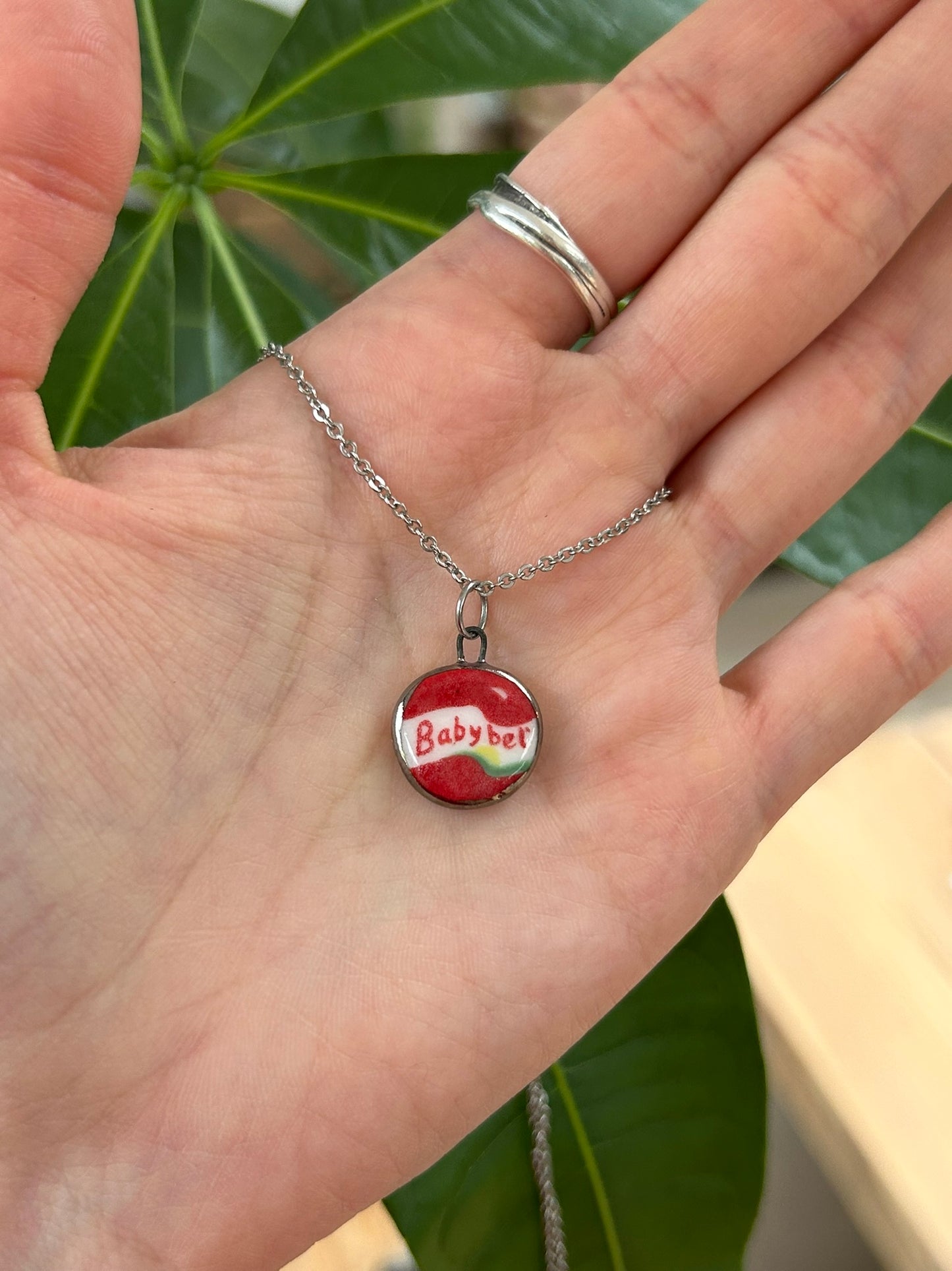 Hand-Sculpted Porcelain Babybel Pendant: Platinum Lustre Ceramic Necklace Charm