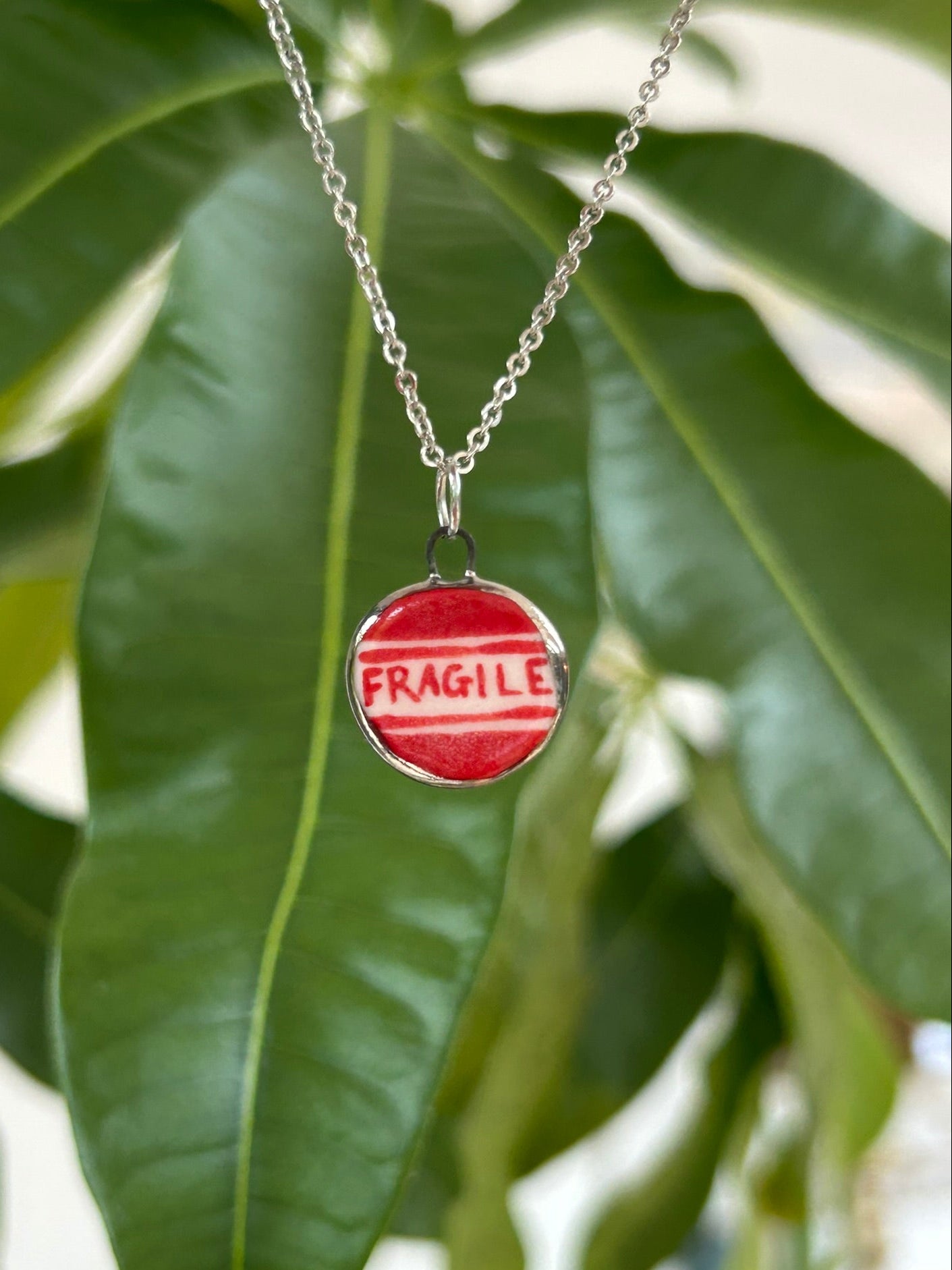 Hand-Sculpted Porcelain 'Fragile' Pendant: Platinum Lustre Ceramic Necklace Charm