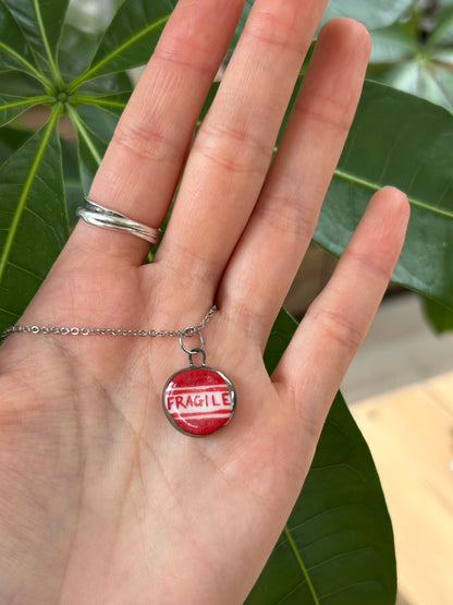 Hand-Sculpted Porcelain 'Fragile' Pendant: Platinum Lustre Ceramic Necklace Charm