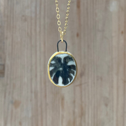 Hand-Sculpted Porcelain Monstera Pendant: 24k Gold Lustre Ceramic Necklace Charm