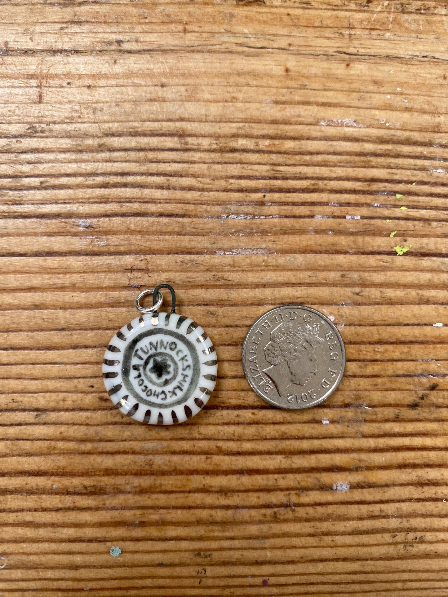 Hand-Sculpted Porcelain Tunnocks Tea Cake Pendant: Platinum Lustre Ceramic Necklace Charm