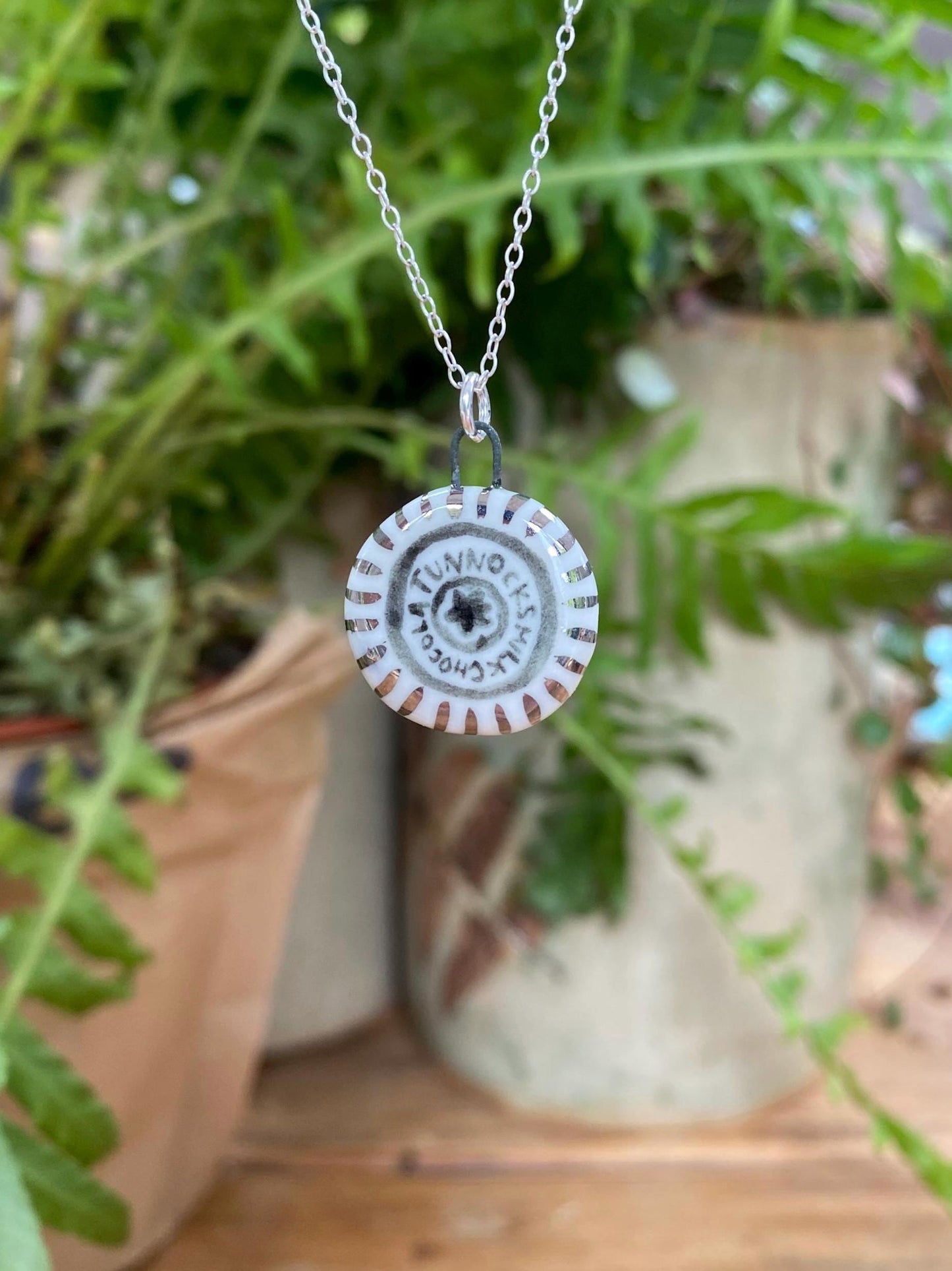 Hand-Sculpted Porcelain Tunnocks Tea Cake Pendant: Platinum Lustre Ceramic Necklace Charm