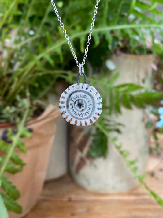 Hand-Sculpted Porcelain Tunnocks Tea Cake Pendant: Platinum Lustre Ceramic Necklace Charm