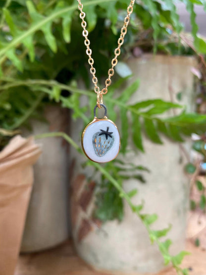 Hand-Sculpted Porcelain Strawberry Pendant: 24k Gold Lustre Ceramic Necklace Charm