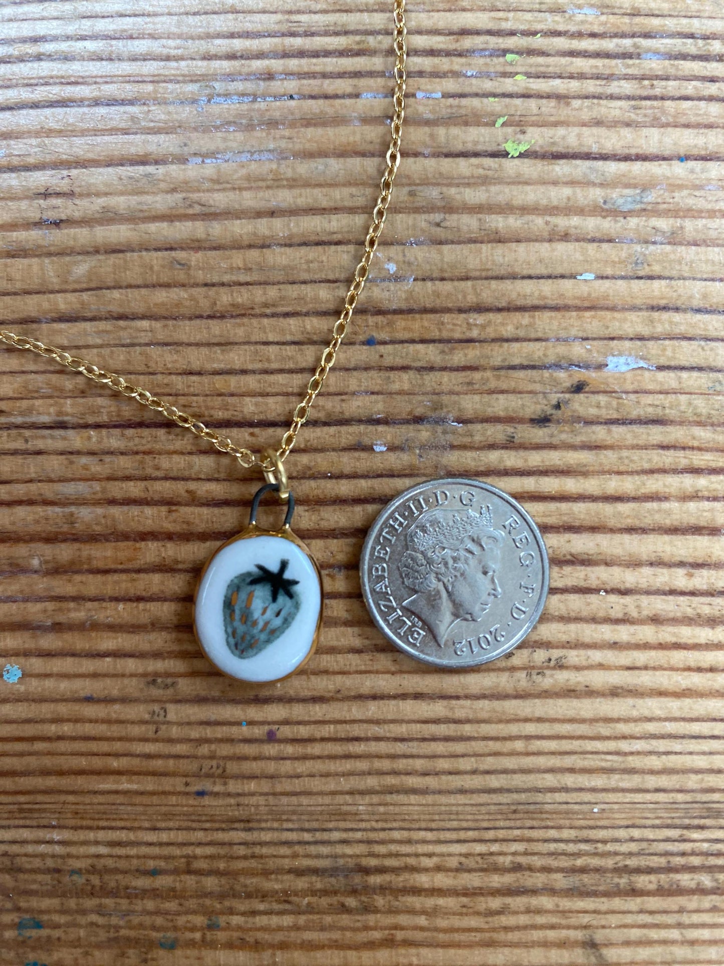 Hand-Sculpted Porcelain Strawberry Pendant: 24k Gold Lustre Ceramic Necklace Charm