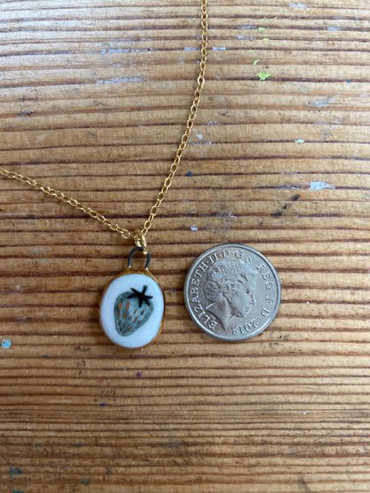 Hand-Sculpted Porcelain Strawberry Pendant: 24k Gold Lustre Ceramic Necklace Charm