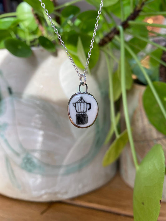 Hand-Sculpted Porcelain Mocha Pot Pendant: Platinum Lustre Ceramic Necklace Charm