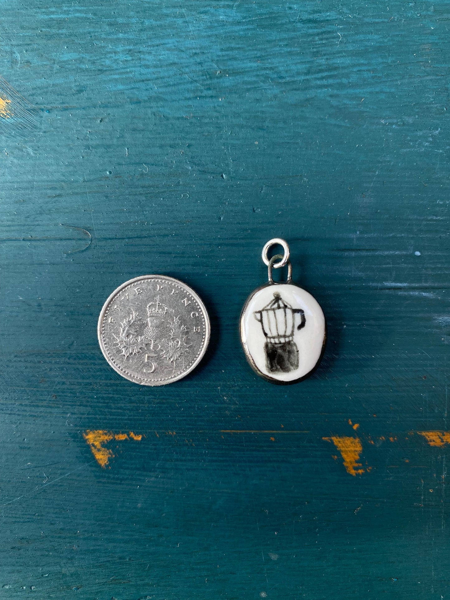 Hand-Sculpted Porcelain Mocha Pot Pendant: Platinum Lustre Ceramic Necklace Charm