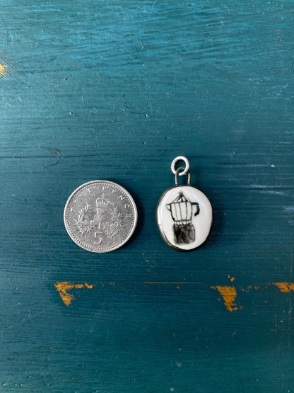 Hand-Sculpted Porcelain Mocha Pot Pendant: Platinum Lustre Ceramic Necklace Charm