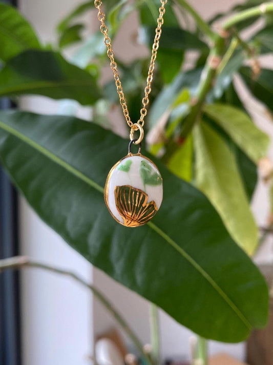 Hand-Sculpted Porcelain Ginkgo Pendant: 24k Gold Lustre Ceramic Necklace Charm