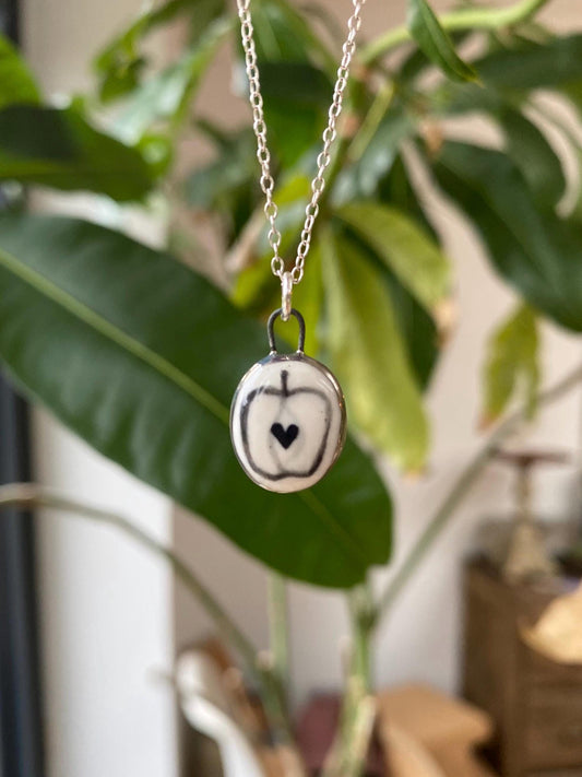 Hand-Sculpted Porcelain Apple Pendant: 24k Platinum Lustre Ceramic Necklace Charm