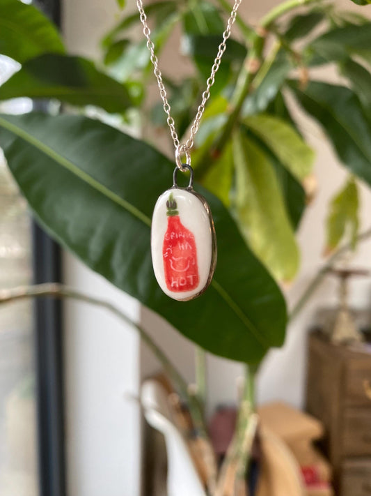 Hand-Sculpted Porcelain Sriracha Pendant: 24k Gold Lustre Ceramic Necklace Charm