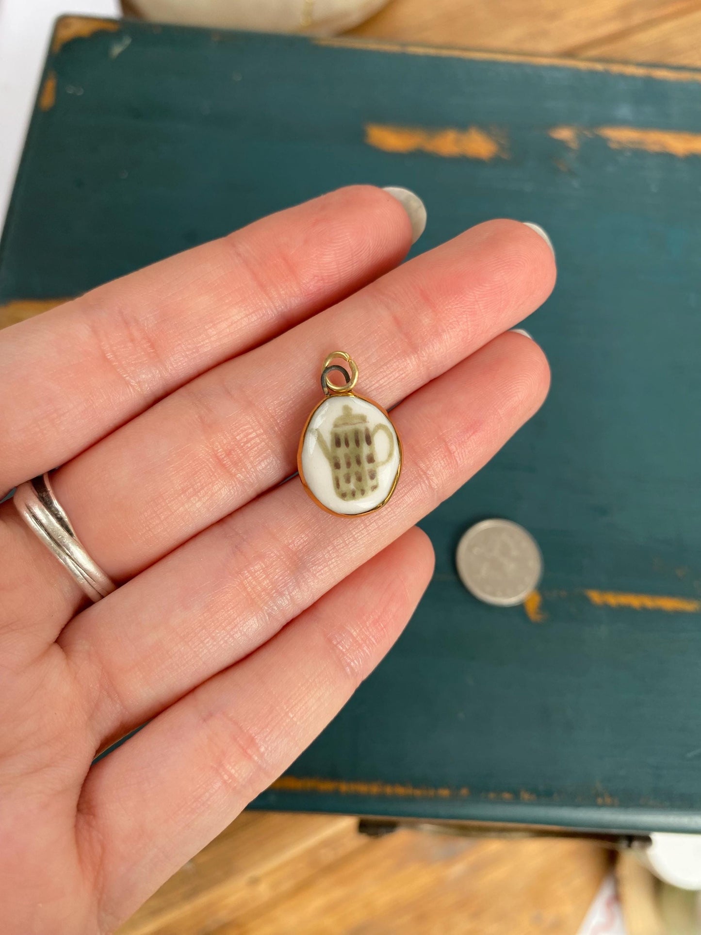 Hand-Sculpted Porcelain Tea Pot Pendant: 24k Gold Lustre Ceramic Necklace Charm