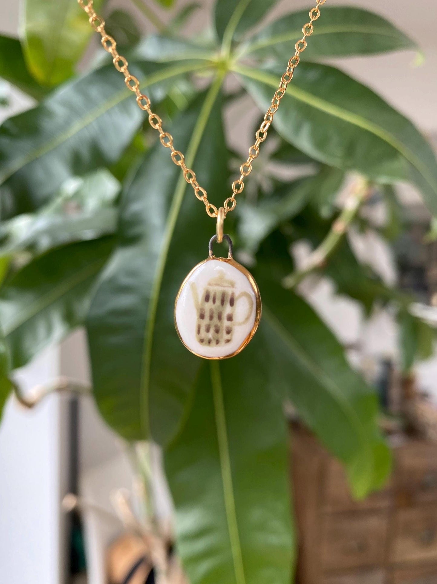 Hand-Sculpted Porcelain Tea Pot Pendant: 24k Gold Lustre Ceramic Necklace Charm
