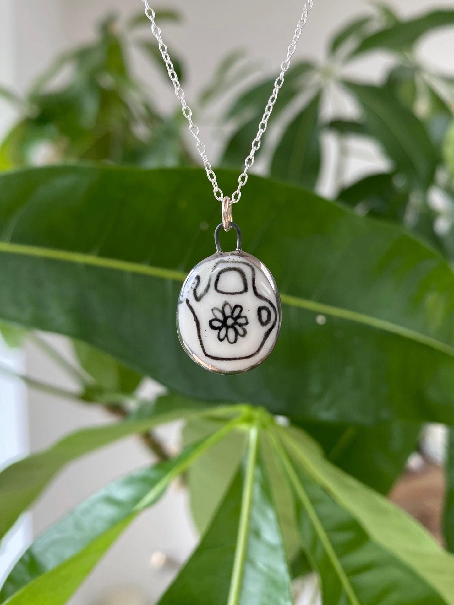 Hand-Sculpted Porcelain Watering Can Pendant: Platinum Lustre Ceramic Necklace Charm