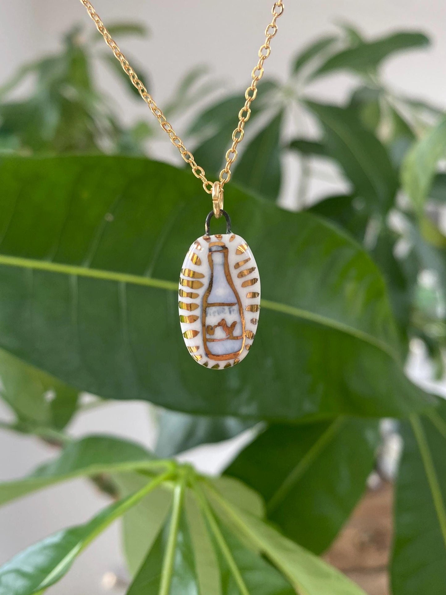 Hand-Sculpted Porcelain Wine Pendant: 24k Gold Lustre Ceramic Necklace Charm