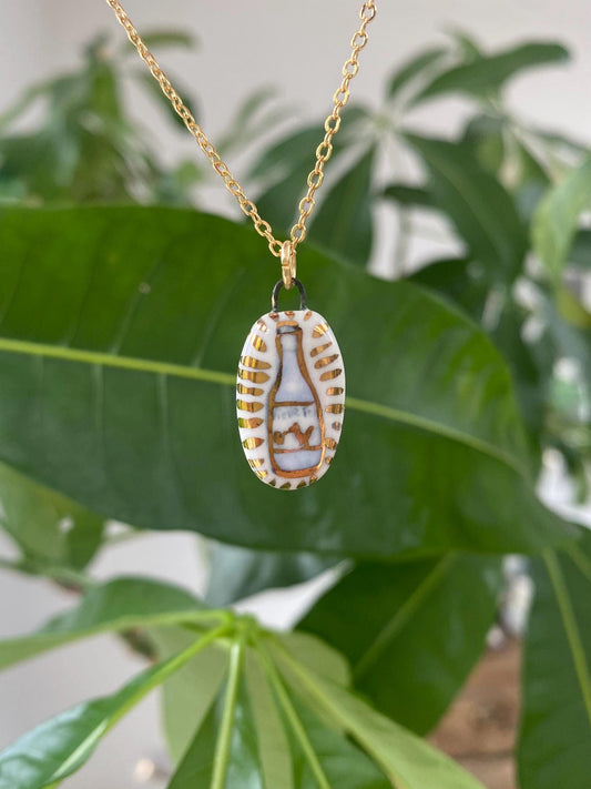 Hand-Sculpted Porcelain Wine Pendant: 24k Gold Lustre Ceramic Necklace Charm