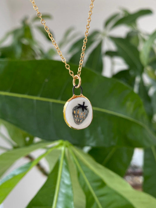 Hand-Sculpted Porcelain Strawberry Pendant: 24k Gold Lustre Ceramic Necklace Charm