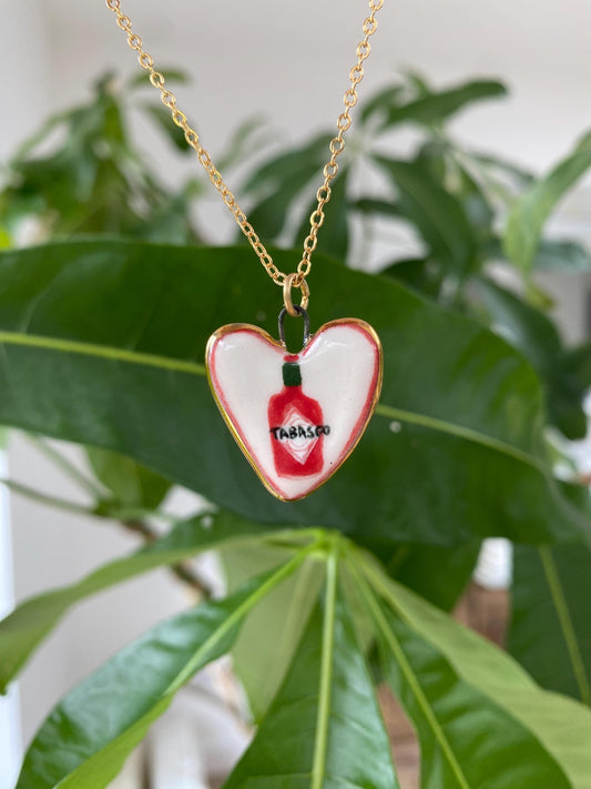 Hand-Sculpted Porcelain Tabasco Pendant: 24k Gold Lustre Ceramic Necklace Charm