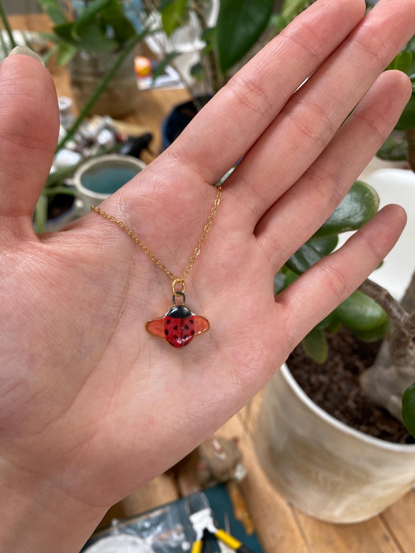 Hand-Sculpted Porcelain Ladybug Pendant: 24k Gold Lustre Ceramic Necklace Charm