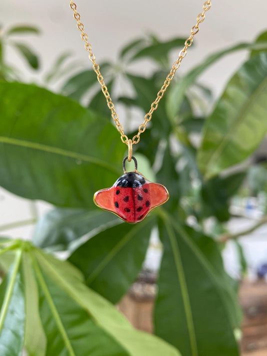 Hand-Sculpted Porcelain Ladybug Pendant: 24k Gold Lustre Ceramic Necklace Charm