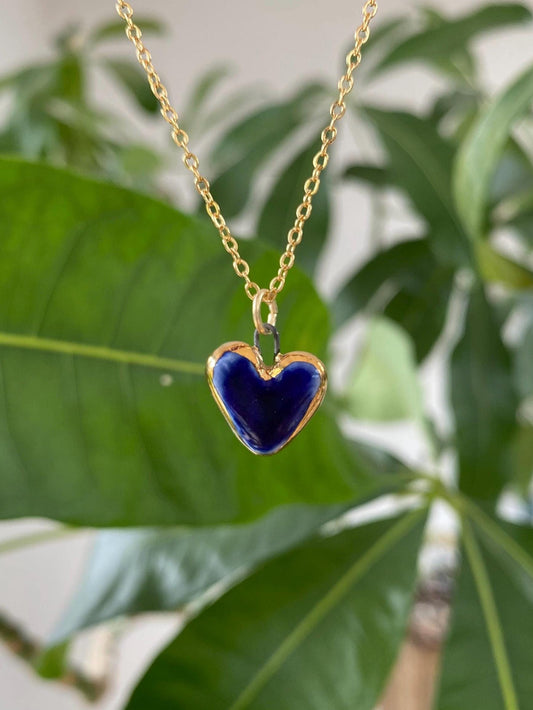 Hand-Sculpted Porcelain Blue Heart Pendant: 24k Gold Lustre Ceramic Necklace Charm