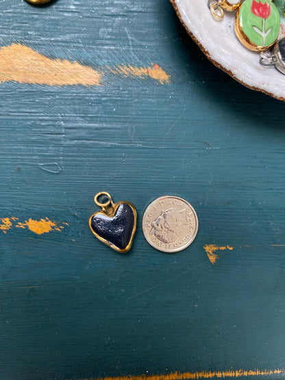 Hand-Sculpted Porcelain Black Heart Pendant: 24k Gold Lustre Ceramic Necklace Charm