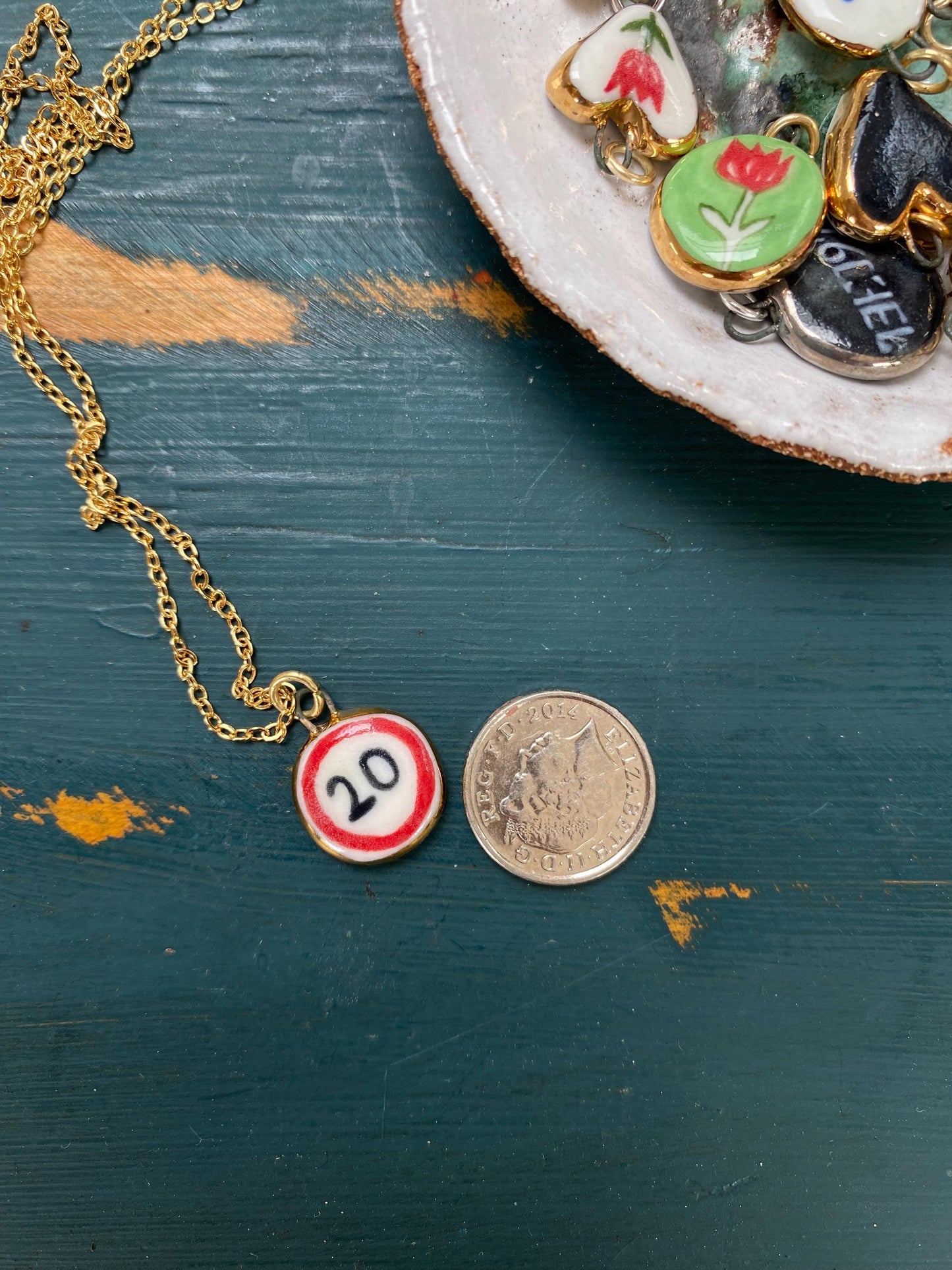 Hand-Sculpted Porcelain 20mph Pendant: 24k Gold Lustre Ceramic Necklace Charm
