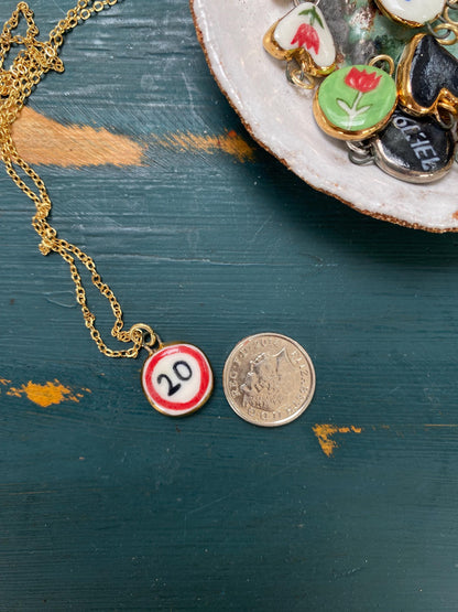 Hand-Sculpted Porcelain 20mph Pendant: 24k Gold Lustre Ceramic Necklace Charm
