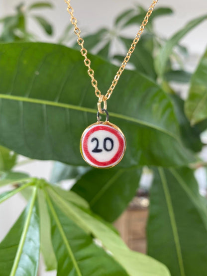 Hand-Sculpted Porcelain 20mph Pendant: 24k Gold Lustre Ceramic Necklace Charm