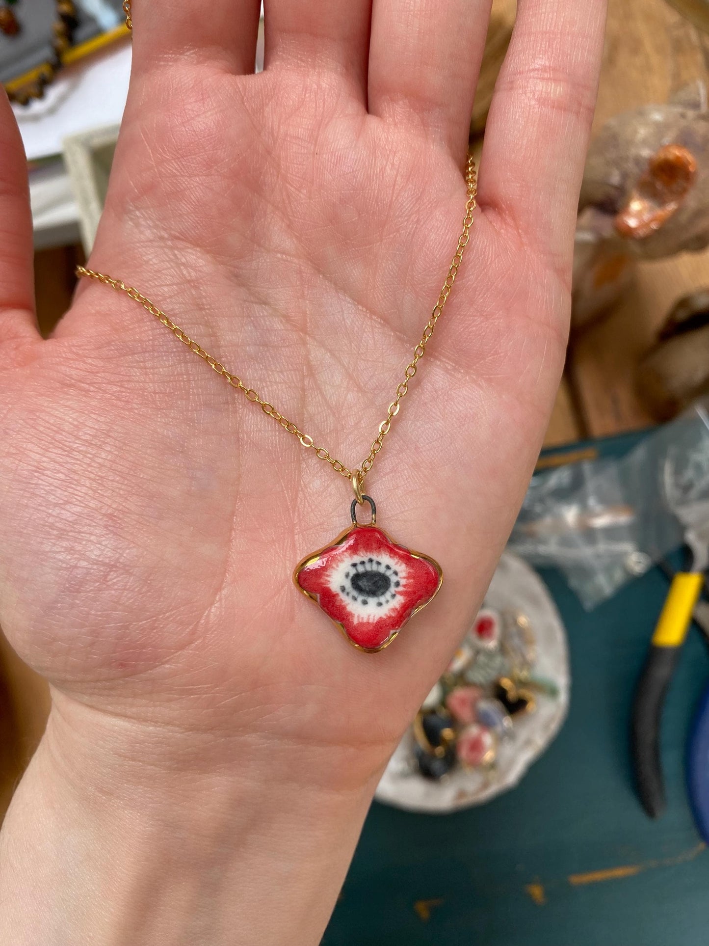 Hand-Sculpted Porcelain Poppy Pendant: 24k Gold Lustre Ceramic Necklace Charm