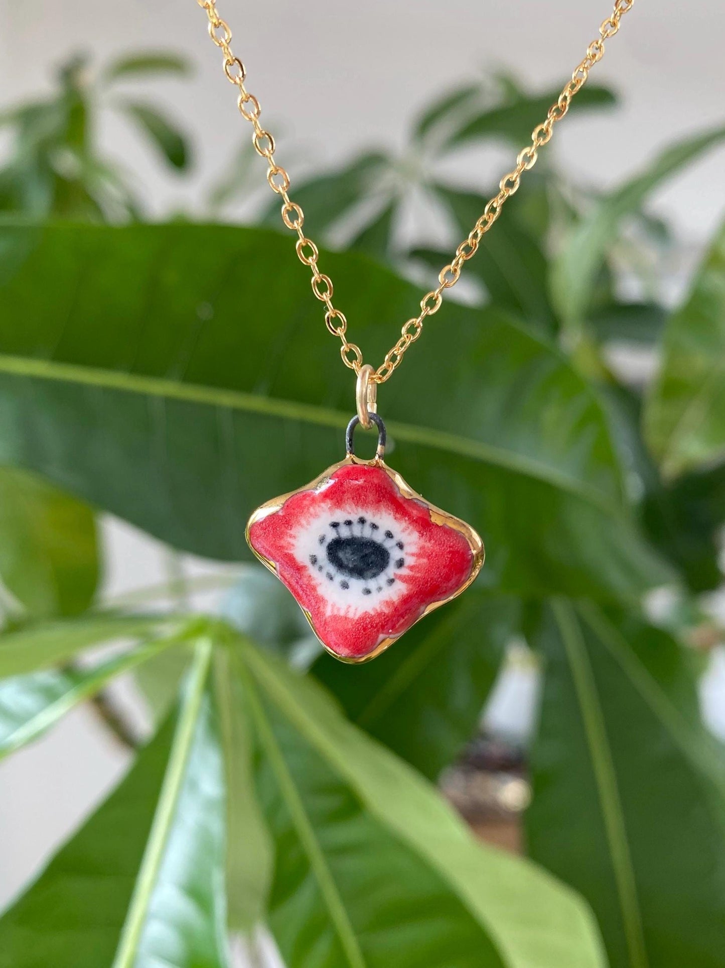 Hand-Sculpted Porcelain Poppy Pendant: 24k Gold Lustre Ceramic Necklace Charm