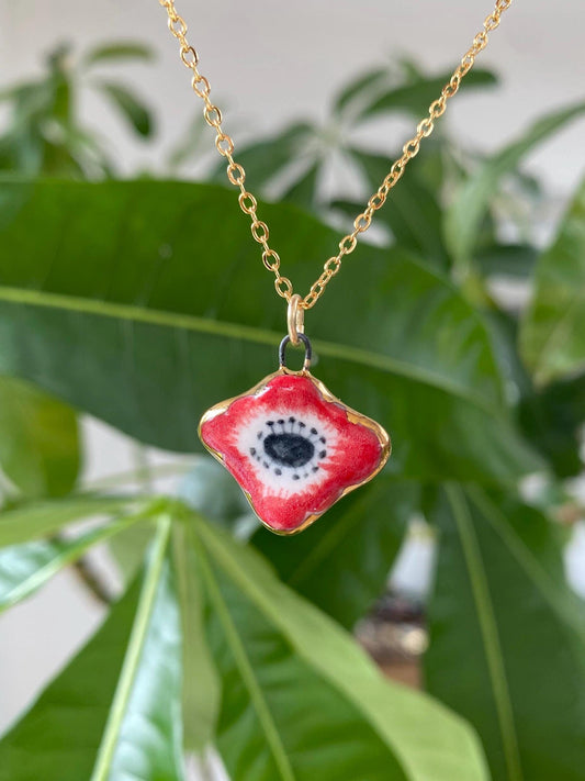 Hand-Sculpted Porcelain Poppy Pendant: 24k Gold Lustre Ceramic Necklace Charm