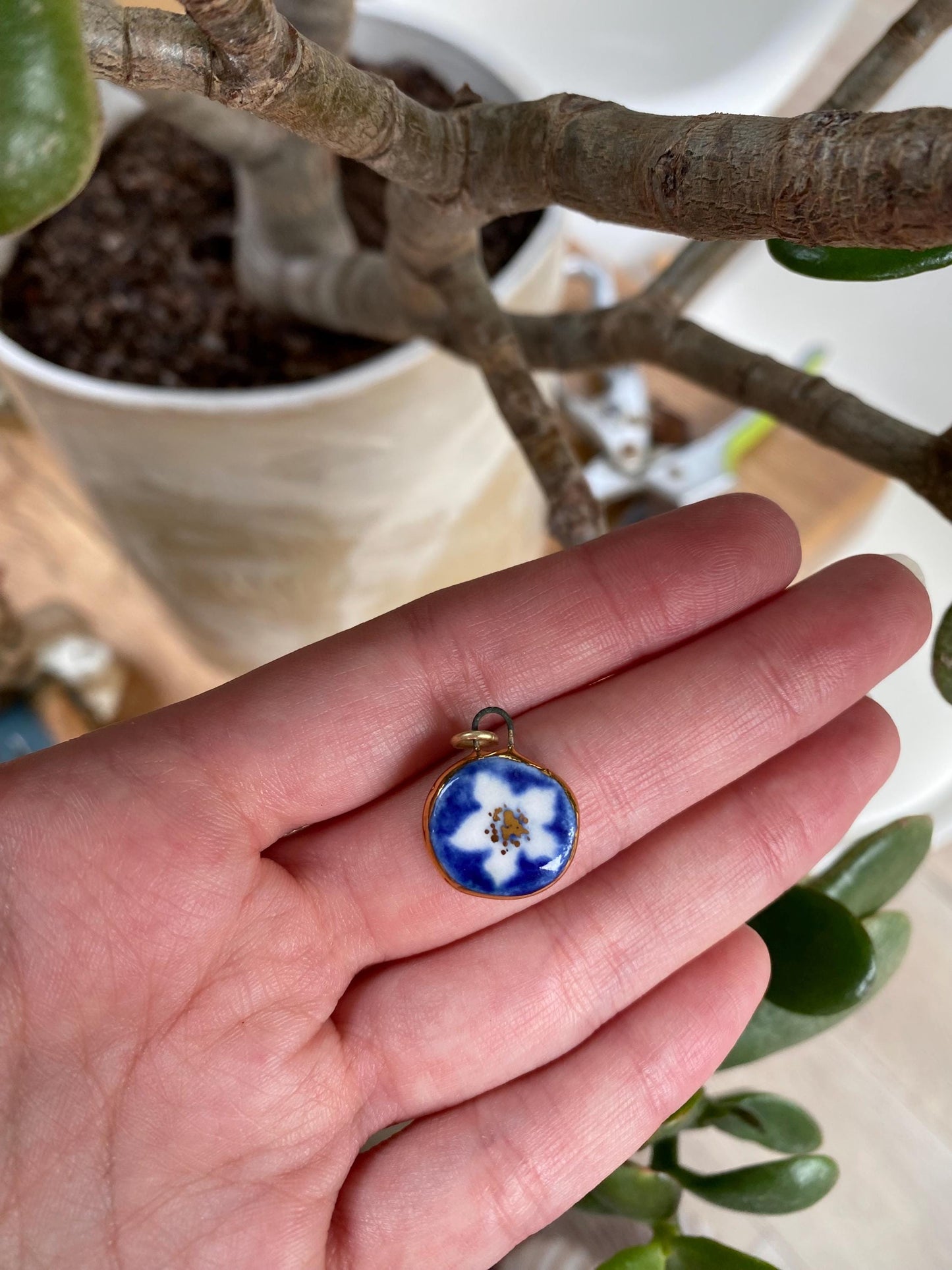 Hand-Sculpted Porcelain Blue Flower Pendant: 24k Gold Lustre Ceramic Necklace Charm
