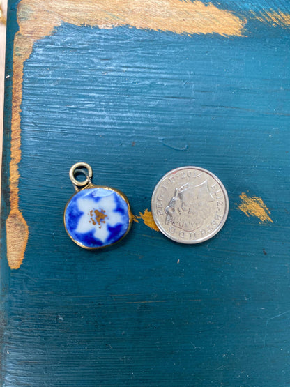 Hand-Sculpted Porcelain Blue Flower Pendant: 24k Gold Lustre Ceramic Necklace Charm