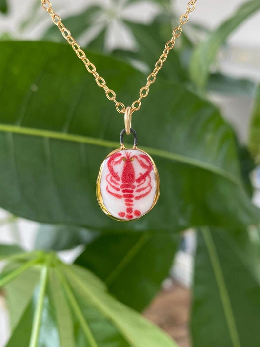Hand-Sculpted Porcelain Lobster Pendant: 24k Gold Lustre Ceramic Necklace Charm