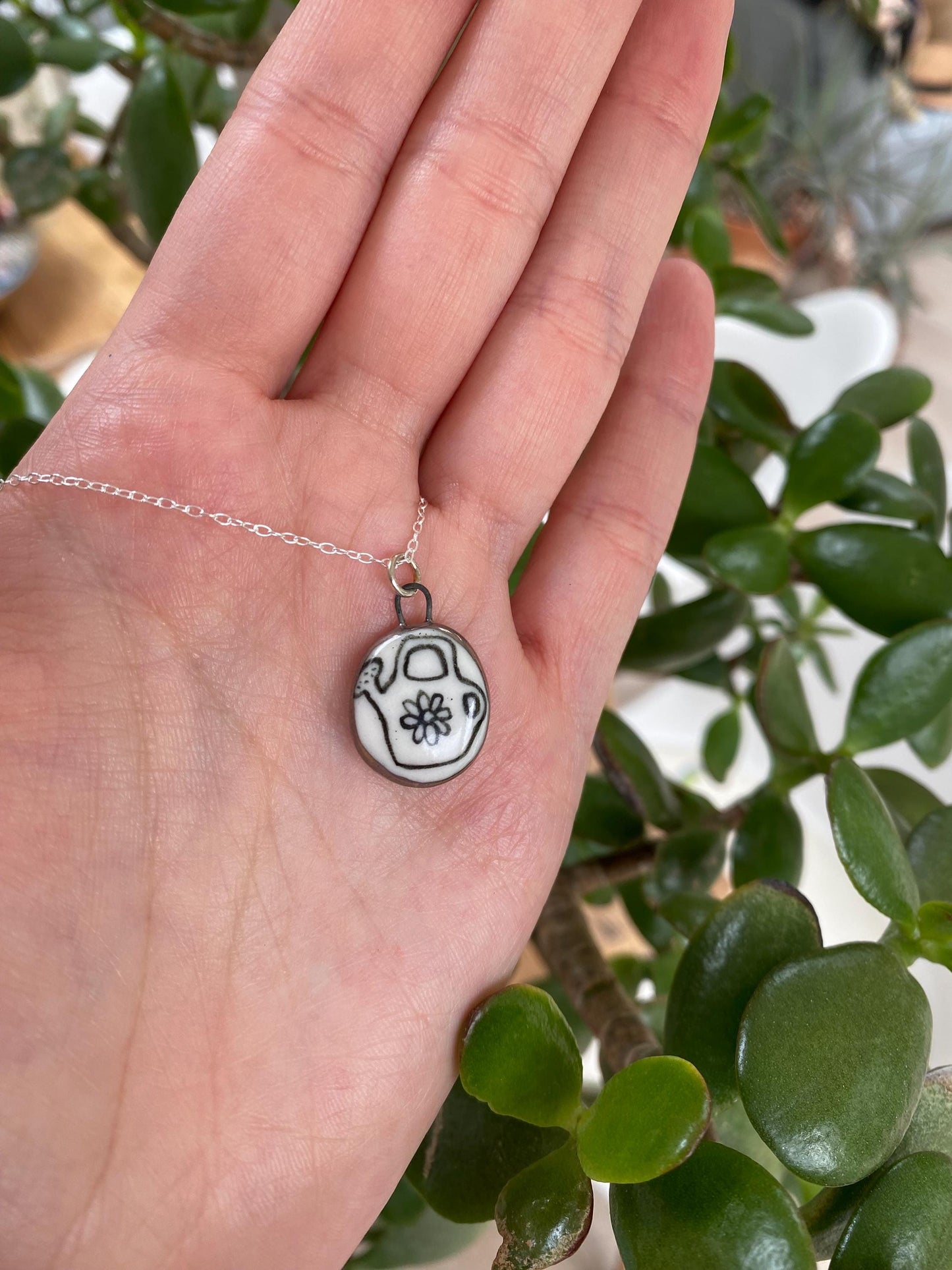 Hand-Sculpted Porcelain Watering Can Pendant: Platinum Lustre Ceramic Necklace Charm