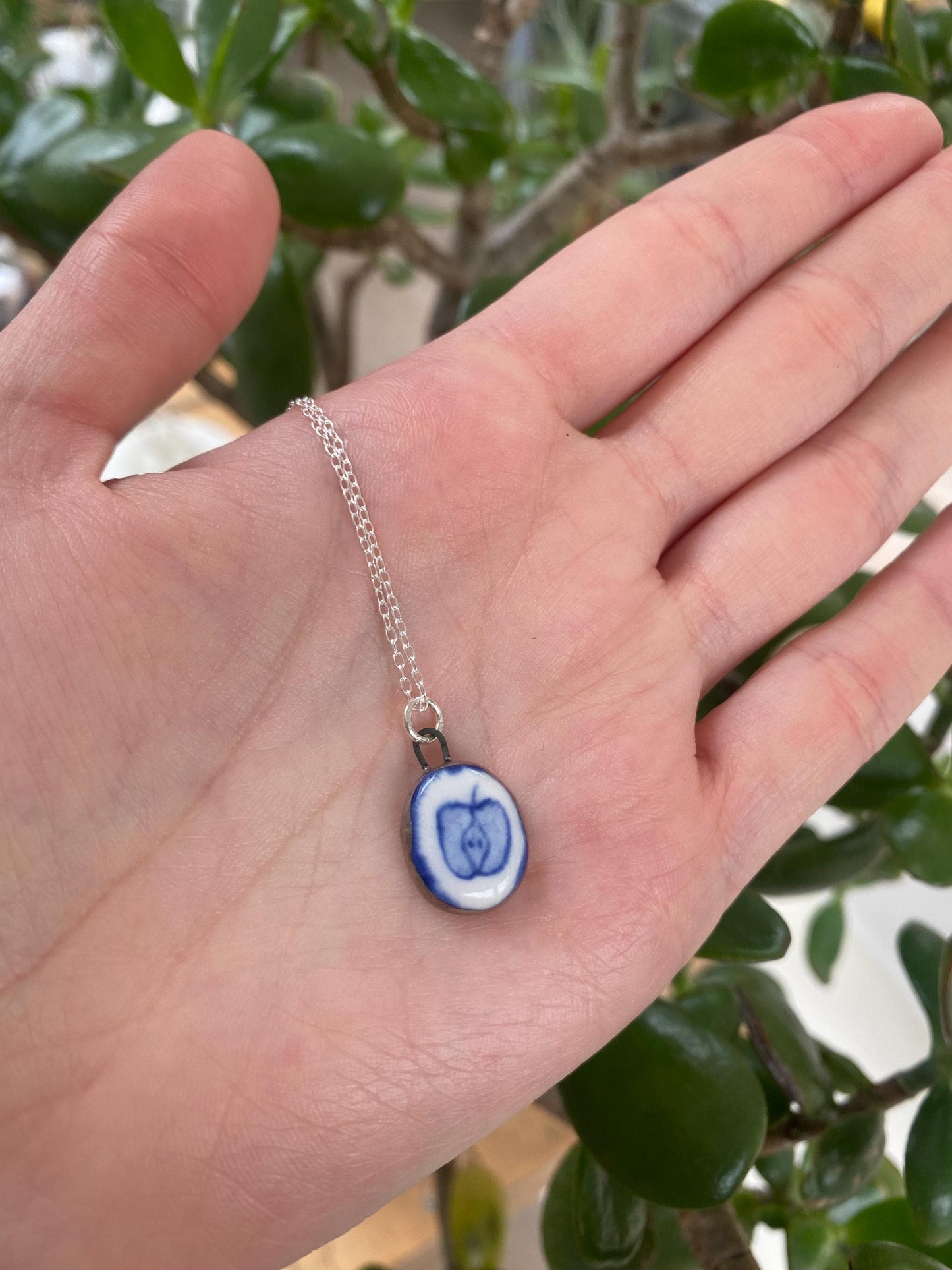 Hand-Sculpted Porcelain Apple Pendant: Platinum Lustre Ceramic Necklace Charm