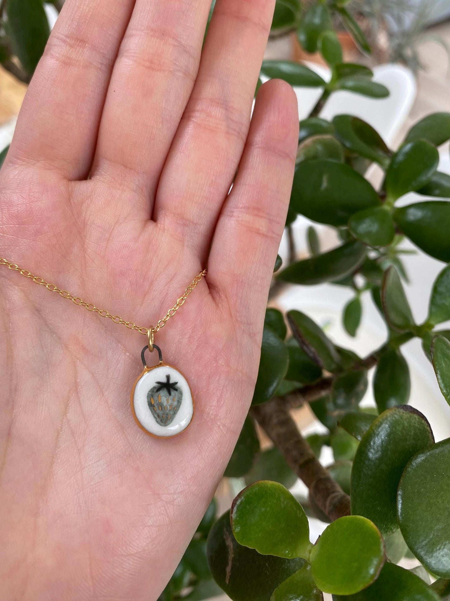 Hand-Sculpted Porcelain Strawberry Pendant: 24k Gold Lustre Ceramic Necklace Charm