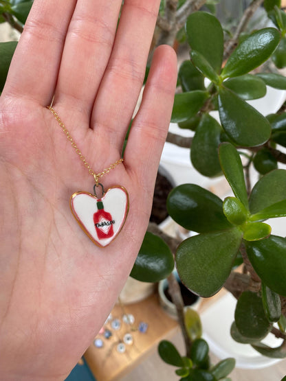 Hand-Sculpted Porcelain Tabasco Pendant: 24k Gold Lustre Ceramic Necklace Charm