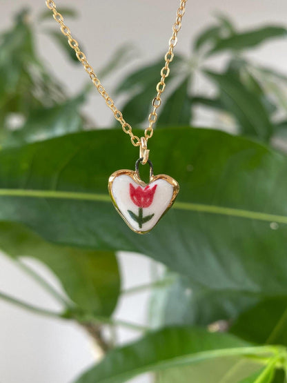 Hand-Sculpted Porcelain Tulip Pendant: 24k Gold Lustre Ceramic Necklace Charm
