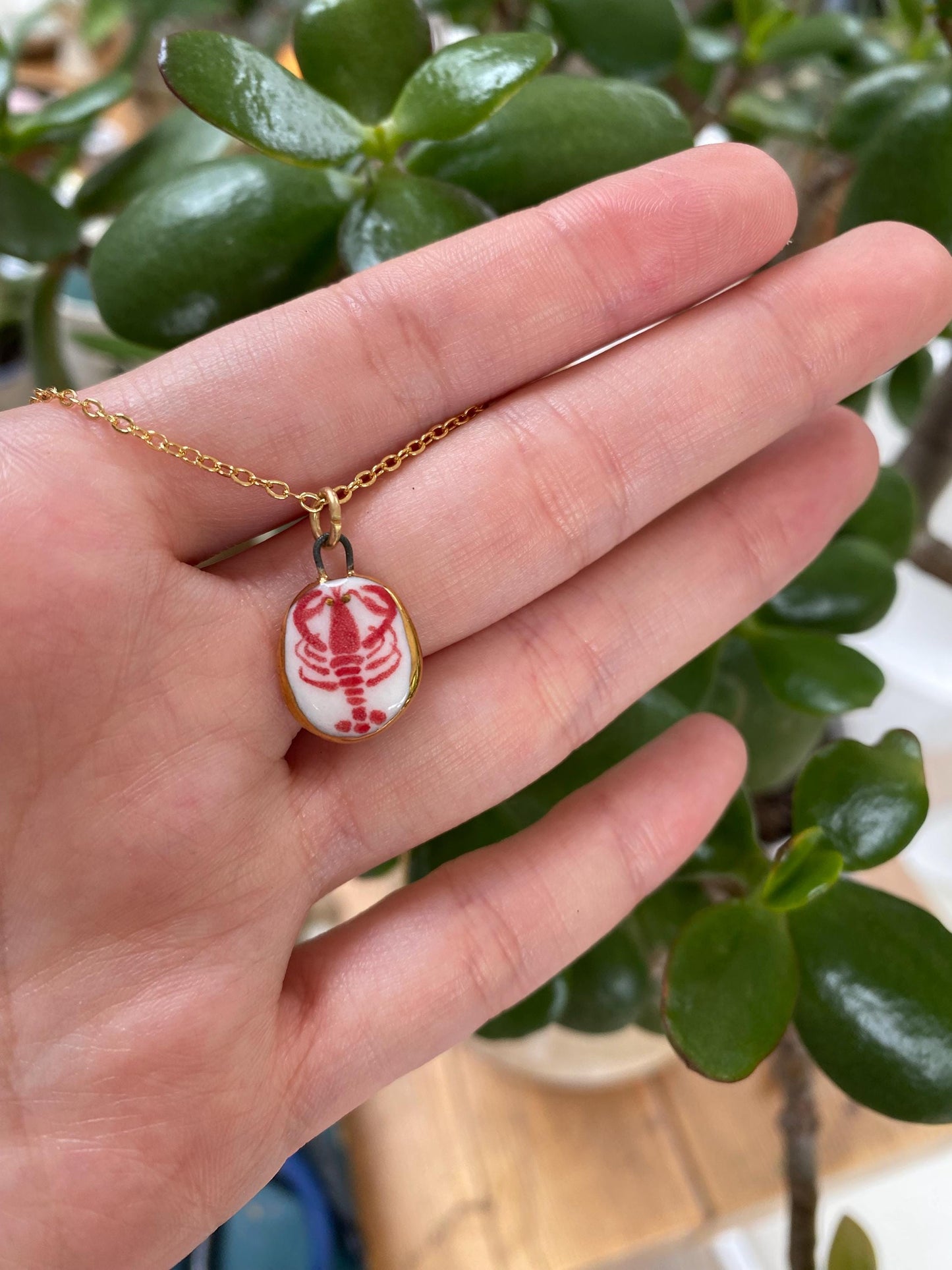 Hand-Sculpted Porcelain Lobster Pendant: 24k Gold Lustre Ceramic Necklace Charm