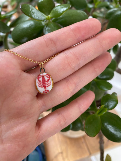 Hand-Sculpted Porcelain Lobster Pendant: 24k Gold Lustre Ceramic Necklace Charm